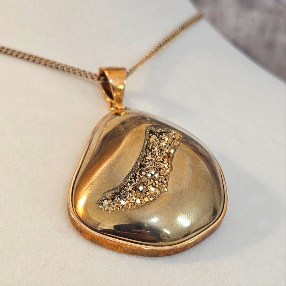 Gold Plated 925 Druzy Agate Crystal Pendant Necklace GP 24" Chain 925 Italy